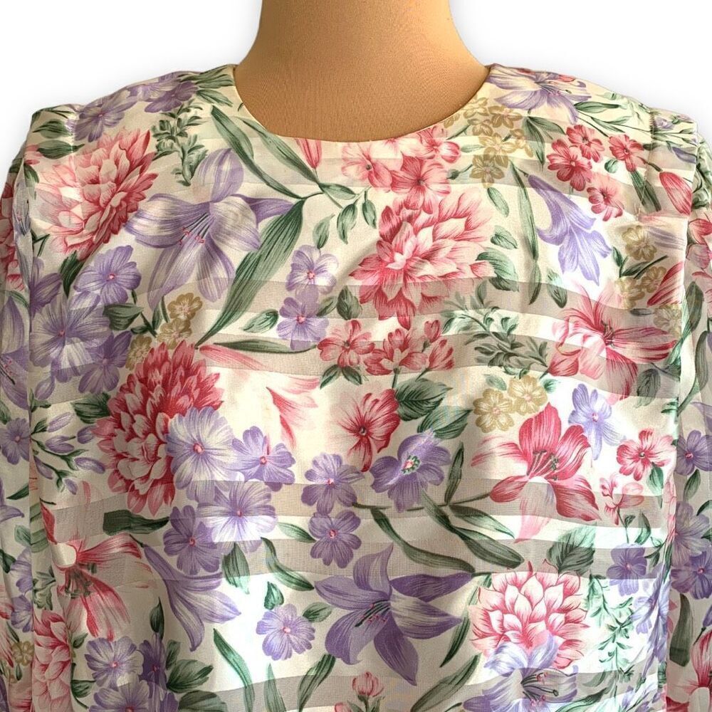 Vintage 80s Blouse Satin White Pink Pastel Floral Long Sleeve Button Sheer 14